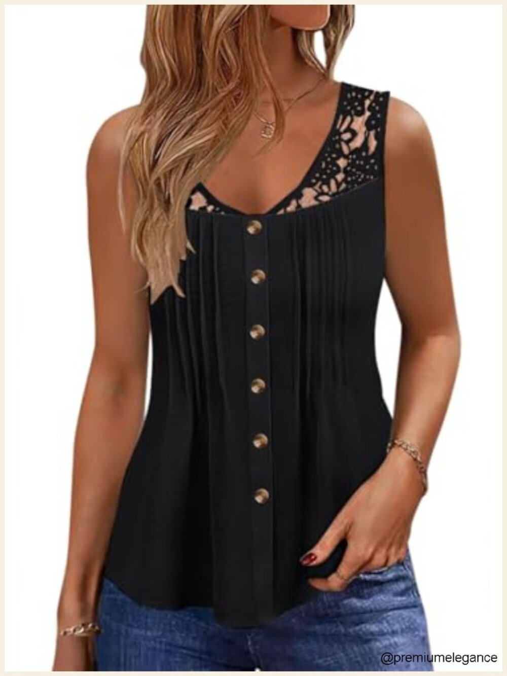 Lace Trim Sleeveless V Neck Tank Tops Pleated Front Button Blouses